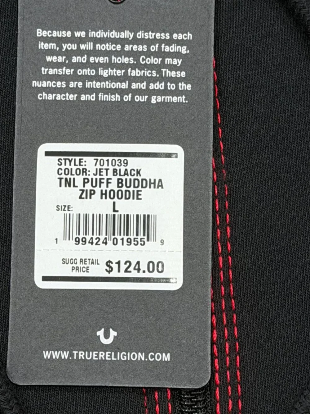 True Religion Mens TNL Puff Buddha Full Zip Hoodie Large L Black Red Stitch NWT